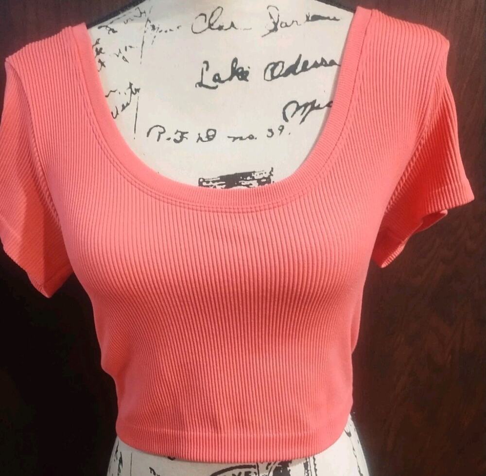 OFFLINE AERIE Seamless Ribbed Baby T XL Coral Crop Top T Shirt Fitted Cropped